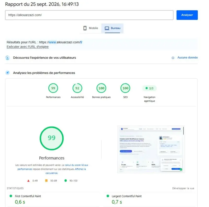 Audit Google PageSpeed Insights sur ordinateur affichant un score de performance de 99 sur 100 et un FCP de 0,6s